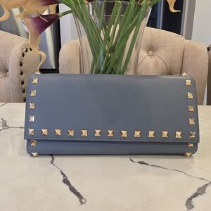 Pre Own Authentic Valentino Studded Blue Leather Clutch